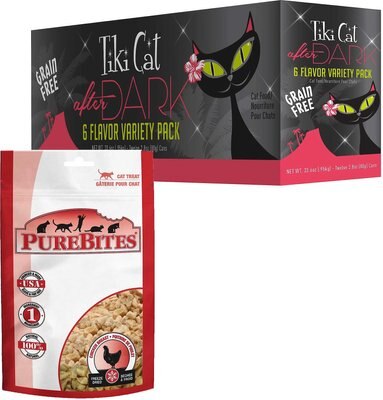 PureBites Chicken Breast Freeze-Dried Raw Cat Treats, 1.09-oz bag + Tiki Cat After Dark Variety Pack Canned Cat Food, 2.8-oz, case of 12, slide 1 of 1