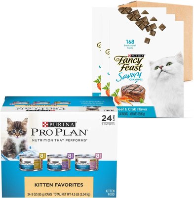 Purina Pro Plan FOCUS Kitten Favorites Wet Kitten Food Variety Pack, 3-oz can, case of 24 + Fancy Feast Savory Cravings Limited Ingredient Beef & Crab Flavor Cat Treats, 3-oz box, case of 3, slide 1 of 1