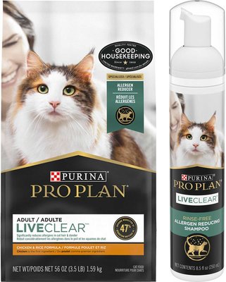 Purina Pro Plan LiveClear Probiotic Chicken & Rice Formula Dry Cat Food, 3.5-lb bag + Purina Pro Plan LiveClear Rinse-Free Allergen Reducing Cat Shampoo Spray, 8.5-oz bottle, slide 1 of 1