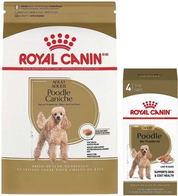 Royal Canin Poodle Adult Dry Dog Food, 10-lb bag + Royal Canin Toy & Miniature Poodle Adult Loaf in Sauce Canned Dog Food, 3-oz, pack of 4, slide 1 of 1