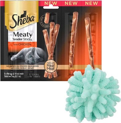Sheba Meaty Tender Sticks Chicken Cat Treats, 5 count + Frisco Moppy Ball Cat Toy, Blue, slide 1 of 1