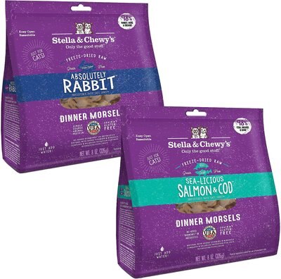 Stella & Chewy's Absolutely Rabbit Dinner Morsels Freeze-Dried Raw Cat Food, 8-oz bag + Stella & Chewy's Sea-licious Salmon & Cod Dinner Morsels Freeze-Dried Raw Cat Food, 8-oz bag, slide 1 of 1