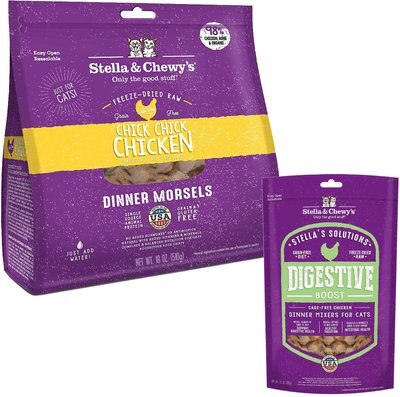 Stella & Chewy's Chick Chick Chicken Dinner Morsels Freeze-Dried Raw Cat Food, 18-oz bag + Stella & Chewy's Stella's Solutions Digestive Boost Chicken Freeze-Dried Raw Cat Food, 7.5-oz bag, slide 1 of 1