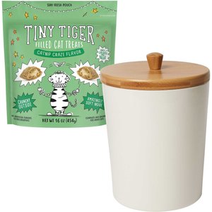 Tiny Tiger Catnip Craze Flavor Filled Cat Treats, 16-oz bag + Frisco Melamine Dog & Cat Treat Jar with Bamboo Lid, 8 Cups
