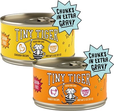 Tiny Tiger Chunks in EXTRA Gravy Chicken Recipe Grain-Free Canned Cat Food, 3-oz, case of 24 + Tiny Tiger Chunks in EXTRA Gravy Turkey Recipe Grain-Free Canned Cat Food, 3-oz, case of 24, slide 1 of 1