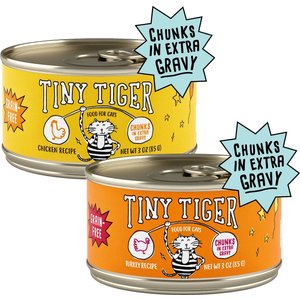 Tiny Tiger Chunks in EXTRA Gravy Chicken Recipe Grain-Free Canned Cat Food, 3-oz, case of 24 + Tiny Tiger Chunks in EXTRA Gravy Turkey Recipe Grain-Free Canned Cat Food, 3-oz, case of 24