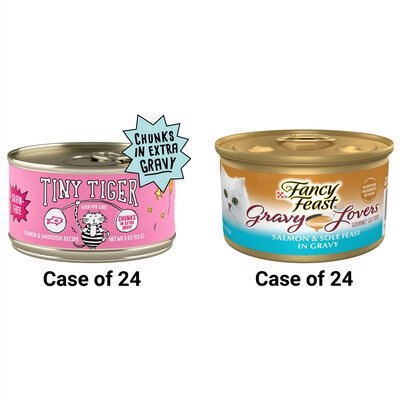 Tiny Tiger Chunks in EXTRA Gravy Salmon & Whitefish Recipe Grain-Free Canned Cat Food, 3-oz, case of 24 + Fancy Feast Gravy Lovers Salmon & Sole Feast in Seared Salmon Flavor Gravy Canned Cat Food, 3-oz, case of 24, slide 1 of 1