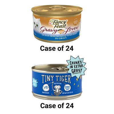 Tiny Tiger Chunks in EXTRA Gravy Tuna Recipe Grain-Free Canned Cat Food, 3-oz, case of 24 + Fancy Feast Gravy Lovers Ocean Whitefish & Tuna Feast in Sauteed Seafood Flavor Gravy Canned Cat Food, 3-oz, case of 24, slide 1 of 1