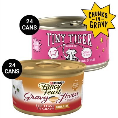 Tiny Tiger Chunks in Gravy Beef Recipe Grain-Free Canned Cat Food, 3-oz, case of 24 + Fancy Feast Gravy Lovers Beef Feast in Roasted Beef Flavor Gravy Canned Cat Food, 3-oz, case of 24, slide 1 of 1