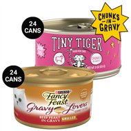 Tiny Tiger Chunks in Gravy Beef Recipe Grain-Free Canned Cat Food, 3-oz, case of 24 + Fancy Feast Gravy Lovers Beef Feast in Roasted Beef Flavor Gravy Canned Cat Food, 3-oz, case of 24
