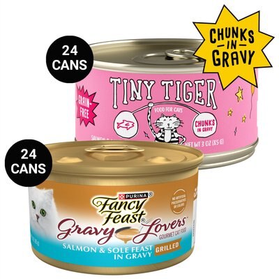 Tiny Tiger Chunks in Gravy Salmon & Whitefish Recipe Grain-Free Canned Cat Food, 3-oz, case of 24 + Fancy Feast Gravy Lovers Salmon & Sole Feast in Seared Salmon Flavor Gravy Canned Cat Food, 3-oz, case of 24, slide 1 of 1