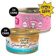 Tiny Tiger Chunks in Gravy Salmon & Whitefish Recipe Grain-Free Canned Cat Food, 3-oz, case of 24 + Fancy Feast Gravy Lovers Salmon & Sole Feast in Seared Salmon Flavor Gravy Canned Cat Food, 3-oz, case of 24