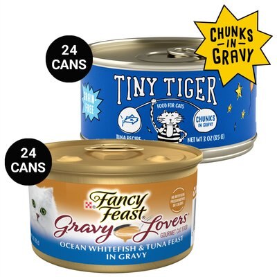 Tiny Tiger Chunks in Gravy Tuna Recipe Grain-Free Canned Cat Food, 3-oz, case of 24 + Fancy Feast Gravy Lovers Ocean Whitefish & Tuna Feast in Sauteed Seafood Flavor Gravy Canned Cat Food, 3-oz, case of 24, slide 1 of 1