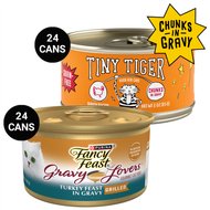 Tiny Tiger Chunks in Gravy Turkey Recipe Grain-Free Canned Cat Food, 3-oz, case of 24 + Fancy Feast Gravy Lovers Turkey Feast in Roasted Turkey Flavor Gravy Canned Cat Food, 3-oz, case of 24