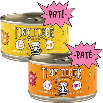 Tiny Tiger Pate Chicken Recipe Grain-Free Canned Cat Food, 3-oz, case of 24 + Tiny Tiger Pate Turkey and Giblets Recipe Grain-Free Canned Cat Food, 3-oz, case of 24, slide 1 of 1