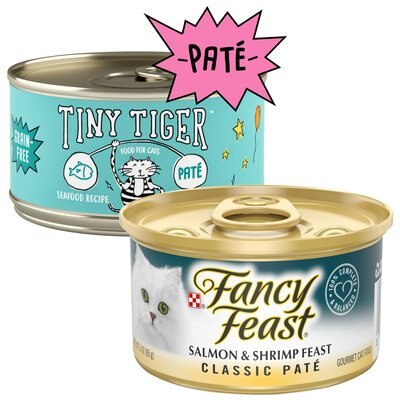 Tiny Tiger Pate Seafood Recipe Grain-Free Canned Cat Food, 3-oz, case of 24 + Fancy Feast Classic Salmon & Shrimp Feast Canned Cat Food, 3-oz, case of 24, slide 1 of 1