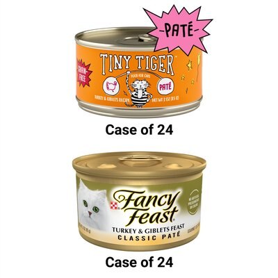 Tiny Tiger Pate Turkey and Giblets Recipe Grain-Free Canned Cat Food, 3-oz, case of 24 + Fancy Feast Classic Turkey & Giblets Feast Canned Cat Food, 3-oz, case of 24, slide 1 of 1