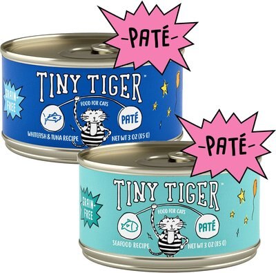 Tiny Tiger Pate Whitefish and Tuna Recipe Grain-Free Canned Cat Food, 3-oz, case of 24 + Tiny Tiger Pate Seafood Recipe Grain-Free Canned Cat Food, 3-oz, case of 24, slide 1 of 1