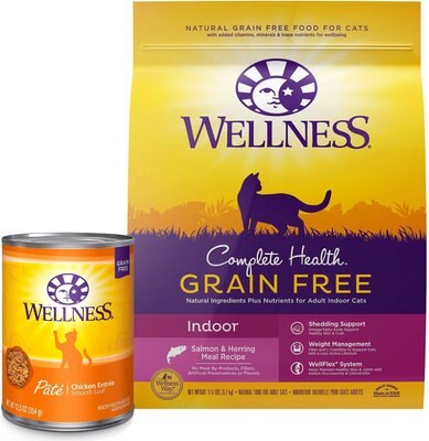 Wellness Complete Health Pate Chicken Entree Grain-Free Canned Cat Food, 12.5-oz, case of 12 + Wellness Complete Health Natural Grain-Free Salmon & Herring Dry Cat Food, 11.5-lb bag, slide 1 of 1