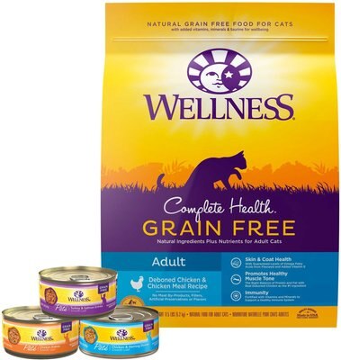 Wellness Complete Health Poultry Lovers Pate Variety Pack Grain-Free Canned Cat Food, 5.5-oz, case of 30 + Wellness Complete Health Natural Grain-Free Deboned Chicken & Chicken Meal Dry Cat Food, 11.5-lb bag, slide 1 of 1