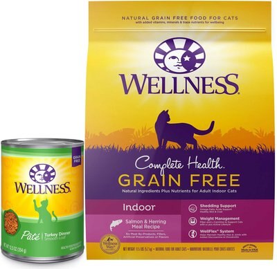 Wellness Complete Health Turkey Formula Grain-Free Canned Cat Food, 12.5-oz, case of 12 + Wellness Complete Health Natural Grain-Free Salmon & Herring Dry Cat Food, 11.5-lb bag, slide 1 of 1
