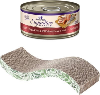 Wellness CORE Signature Selects Flaked Skipjack Tuna & Wild Salmon Entree in Broth Grain-Free Canned Cat Food, 5.3-oz, case of 12 + Frisco Wave Cat Scratcher Toy with Catnip, Tropical Palms, slide 1 of 1