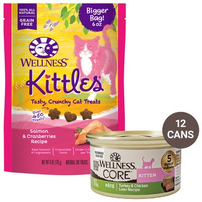Wellness Kittles Grain-Free Salmon & Cranberries Recipe Crunchy Cat Treats, 6-oz bag + Wellness CORE Natural Grain-Free Turkey & Chicken Liver Pate Canned Kitten Food, 3-oz, case of 12, slide 1 of 1