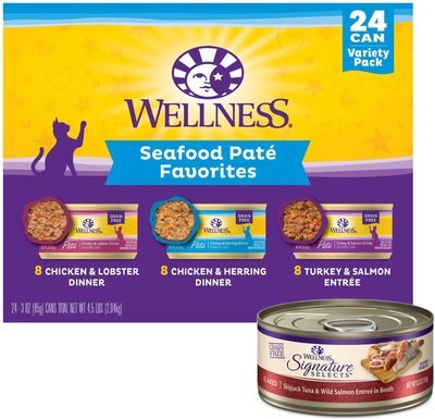 Wellness Seafood Pate Favorites Canned Cat Food, 3-oz, case of 24 + Wellness CORE Signature Selects Flaked Skipjack Tuna & Wild Salmon Entree in Broth Grain-Free Canned Cat Food, 5.3-oz, case of 12, slide 1 of 1