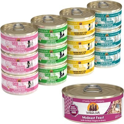 Weruva Mideast Feast with Grilled Tilapia in Gravy Grain-Free Canned Cat Food, 5.5-oz, case of 24 + Weruva Cats in the Kitchen Cuties Variety Pack Grain-Free Canned Cat Food, 3.2-oz, case of 12, slide 1 of 1