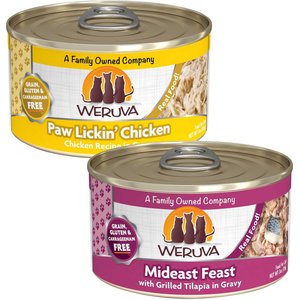 Weruva Paw Lickin' Chicken in Gravy Grain-Free Canned Cat Food, 3-oz, case of 24 + Weruva Mideast Feast with Grilled Tilapia in Gravy Grain-Free Canned Cat Food, 3-oz, case of 24