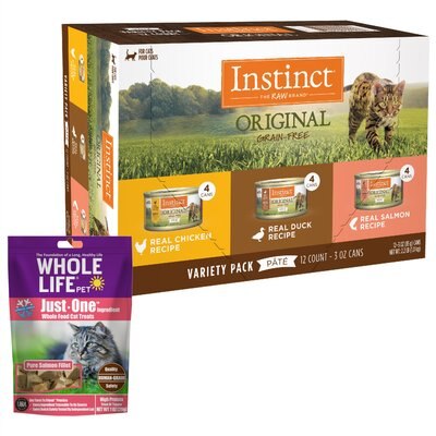 Whole Life Just One Ingredient Pure Salmon Fillet Freeze-Dried Cat Treats, 1-oz bag + Instinct Original Grain-Free Pate Recipe Variety Pack Wet Canned Cat Food, 3-oz, case of 12, slide 1 of 1