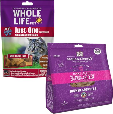 Whole Life Just One Ingredient Pure Tuna Fillet Grain-Free Freeze-Dried Cat Treats, 1-oz bag + Stella & Chewy's Yummy Lickin' Salmon & Chicken Dinner Morsels Freeze-Dried Raw Cat Food, 18-oz bag, slide 1 of 1