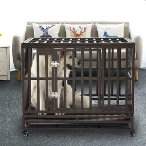 SMONTER Heavy Duty Strong Metal I Shape Dog Crate, Brown, 38-in