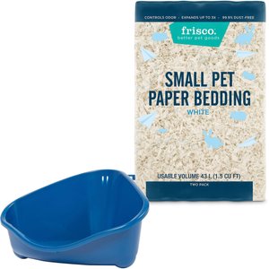 Frisco Corner Litter Box, Navy, Small + Small Animal Bedding, White