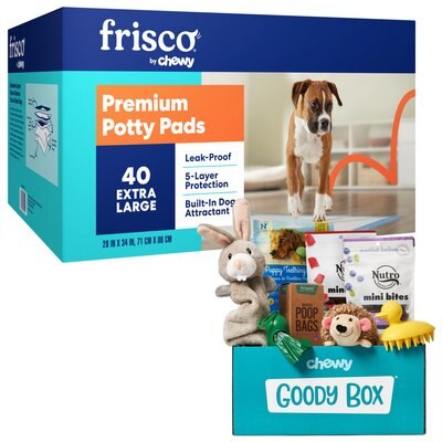 Goody Box Puppy Toys, Treats & Potty Training + Frisco Extra Large Training & Potty Pads, 28 x 34-in, slide 1 of 1