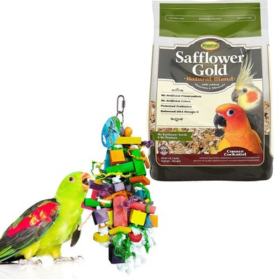 Higgins Safflower Gold Natural Mix Conure & Cockatiel Food + Sungrow Parrot Chew Toy, Foraging Blocks, Rainbow Wood, slide 1 of 1