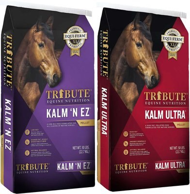 Tribute Equine Nutrition Kalm N' EZ Pellet Low-NSC, Molasses-Free Feed + Kalm Ultra High Fat Horse Feed, slide 1 of 1