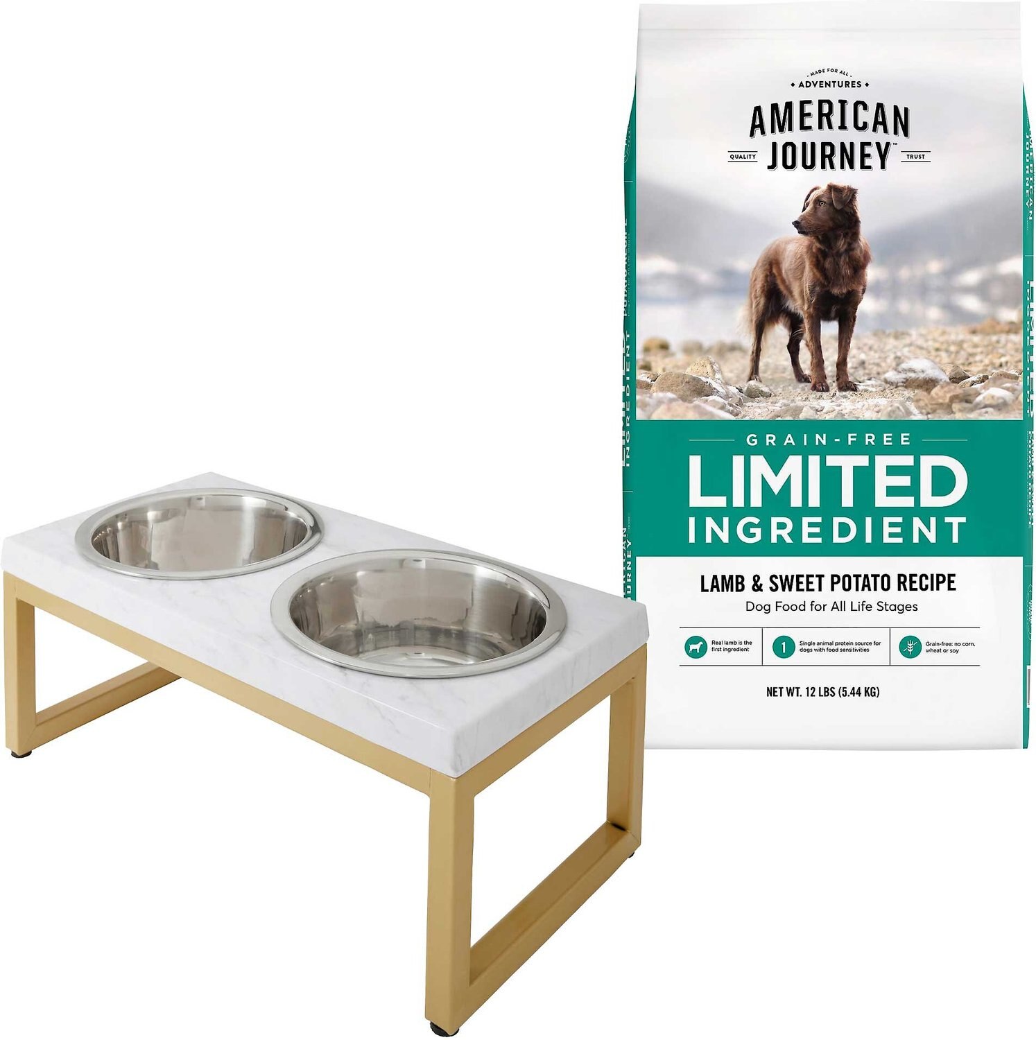 American Journey Limited Ingredient Lamb & Sweet Potato Recipe Grain Frisco Marble Print Stainless Steel Double Elevated Dog Bowl
