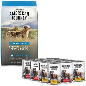 American Journey Senior Salmon & Sweet Potato Recipe Grain-Free Dry Food + Poultry & Beef Variety Pack Grain-Free Canned Dog Food