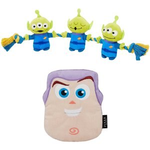 Pixar Aliens Plush with Rope Squeaky Toy + Buzz Lightyear Round Plush Squeaky Dog Toy