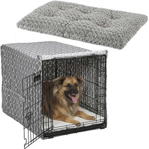 MidWest Quiet Time Ombre Swirl Crate Mat, Grey, 36-in + Quiet Time Crate Cover, Gray Geometric, 36-in