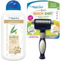 Four Paws Magic Coat Natural Shampoo with Oatmeal, Tea Tree Oil & Aloe Vera + 2-in-1 Quick Shed Dog Grooming Tool