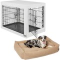 Frisco Heathered Woven Reversible Modern Zipper Bolster Bed, Tan, Small + Double Door Furniture Style Dog Crate, White, Intermediate, 36-in L x 23-in W x 26-in H