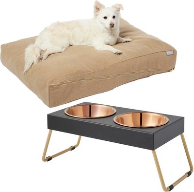 Frisco Heathered Woven Zipper Orthopedic Pillow Bed, Large + Copper Stainless Steel Elevated Foldable Double Dog & Cat Bowls, 5.75 Cups, slide 1 of 1
