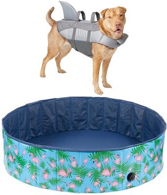 Frisco Outdoor Swimming Pool, Flamingo Print + Shark Dog Life Jacket, slide 1 of 1