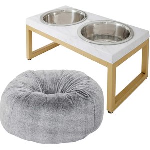 Frisco Plush Pouf Pillow Bed, Large + Marble Print Stainless Steel Double Elevated Dog Bowl, 3 Cups, Gold Stand