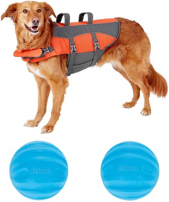 Frisco Ripstop Life Jacket + Floating Fetch Ball No Squeak Dog Toy, Blue, Medium, slide 1 of 1