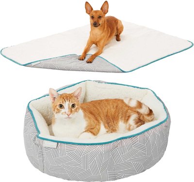 Frisco Sherpa Blanket + Hexagon Bolster Cat & Dog Bed, Gray Basket Weave Print, slide 1 of 1