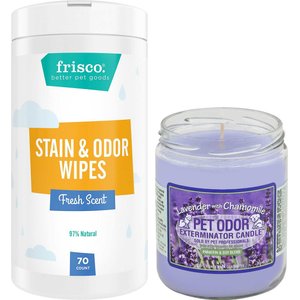 Frisco Stain & Odor Remover Wipes, 70 count + Pet Odor Exterminator Lavender & Chamomile Deodorizing Candle