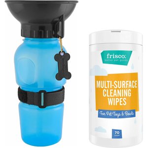 Highwave AutoDogMug Portable Water Bottle & Bowl, Blue, 20-oz bottle + Frisco Pet Toy & Bowl Cleaning Wipes